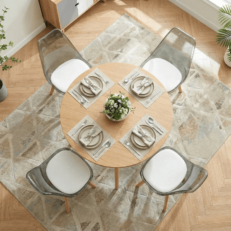 Modern Mid Century Dining Chairs Set Of 4, Transparent Smoke PET Back & Upholstered White PU Cushion With Solid Beech Wood Legs