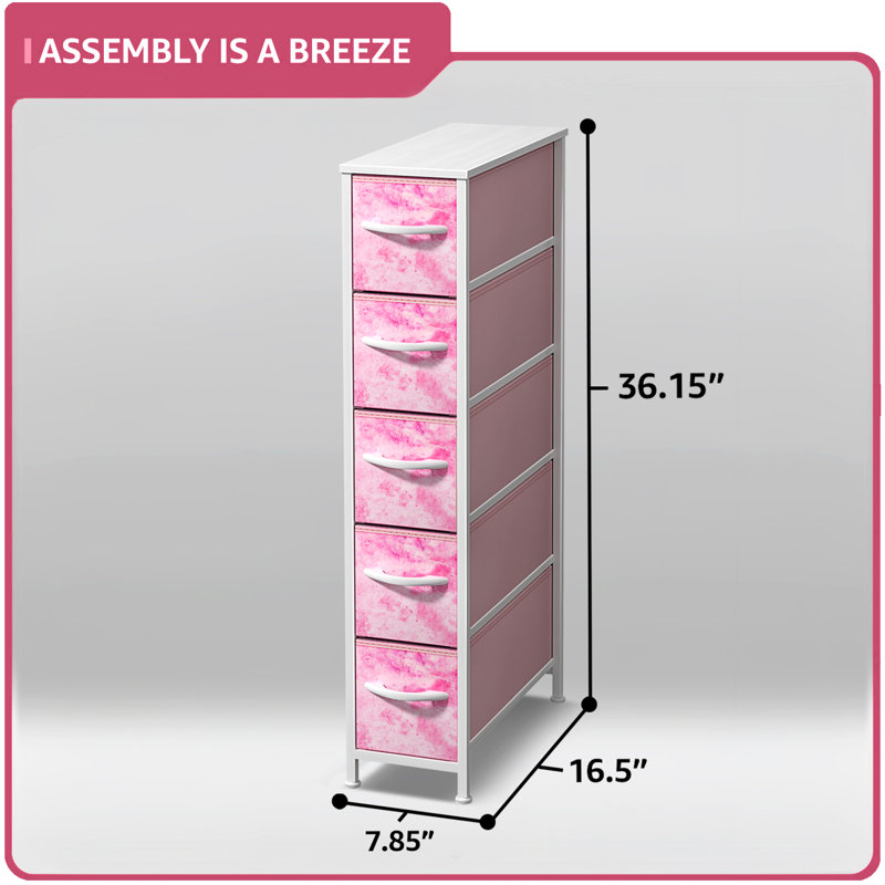 Sorbus Narrow Dresser with 5 Drawers - Vertical Slim Storage Chest of Drawers with Steel Frame, Wood Top & Easy Pull Fabric Bins for Small Spaces, Closets, Bedrooms, Bathrooms & Laundry, Tie Dye Pink