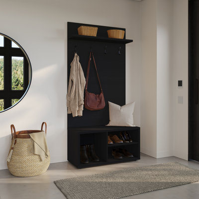 Porto Entryway Shoe Storage Bench with Wall Mounted Coat Rack with Shelf