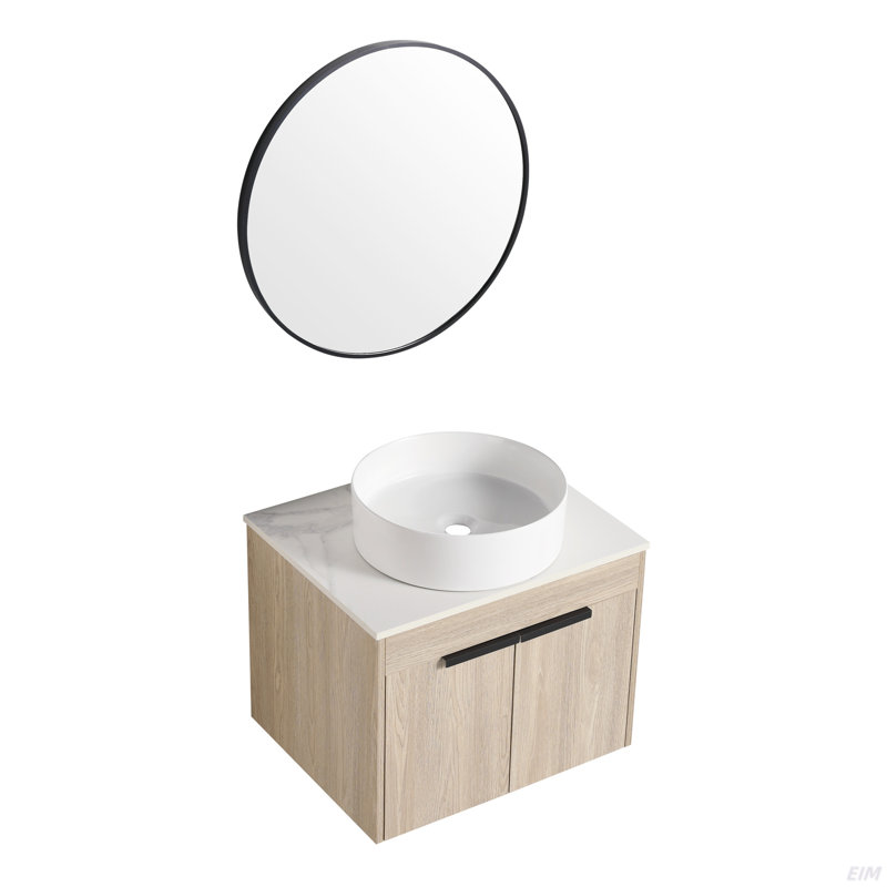 Ensemble de meuble-lavabo moderne 24 po avec lavabo en céramique, meuble-lavabo mural en chêne blanc avec porte à fermeture en douceur, emballage KD