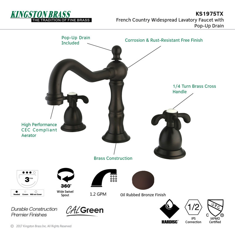 Kingston Brass French Country Two-Handle 3-Hole Deck Mount Widespread Bathroom Faucet with Brass Pop-Up Drain