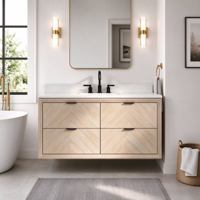Meuble-lavabo flottant transitionnel en chêne naturel 48 po avec plateau en marbre d'ingénierie de 1 po