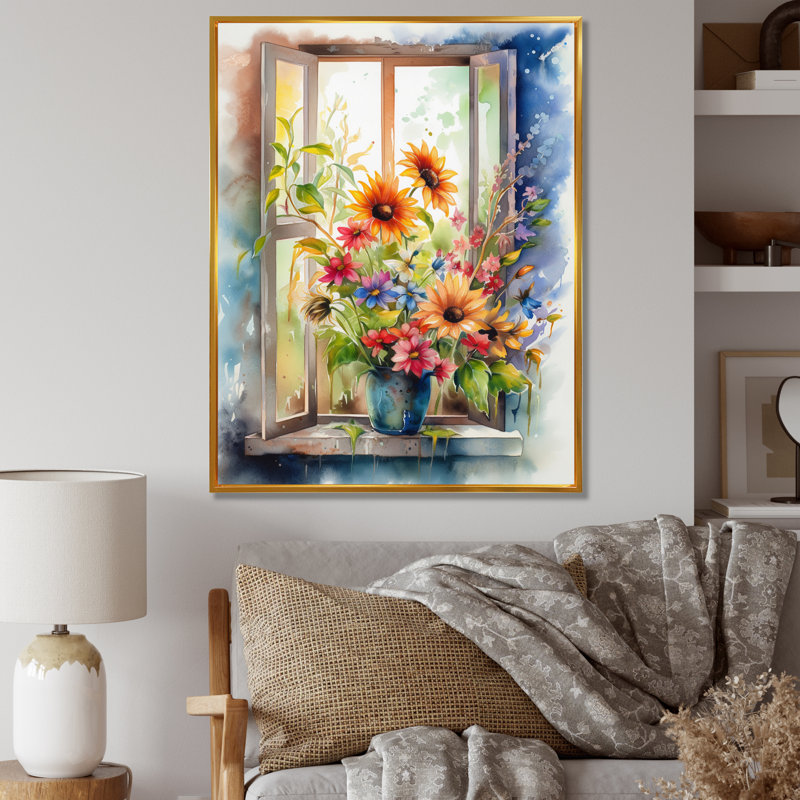 Fenêtre de floraison II, L 12 po x H 20 po, Cadre flottant doré