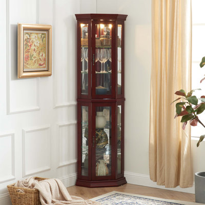 Vitrine de coin avec lumières, tablettes réglables en verre trempé et dos en miroir pour exposer des objets de collection