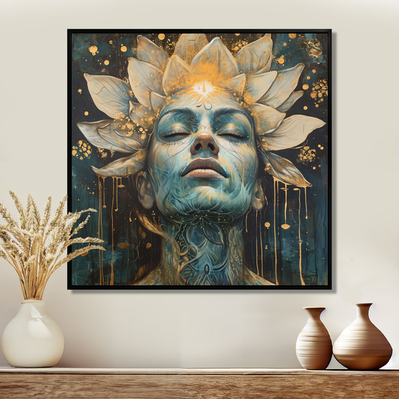 «Awakening Blue Lotus Woman», impression d'art mural, Cadre flottant noir, H 16 po x l 16 po