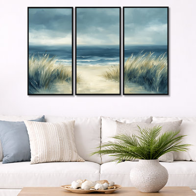 Stormy Dune Shore - Blue Coastal Framed 3 Panel Wall Decor