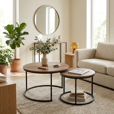 Nesting Coffee Table Set of 2, 27.6inch Round Coffee Table Industrial Wood Finish with Sturdy Metal Frame, End Table Side Tables for Living Room Bedro