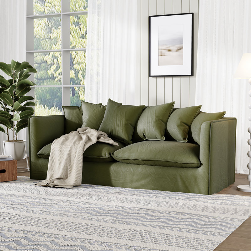 Canapé rembourré en tissu de 80 po avec coussins décoratifs et housse lavable Castina, 100 % coton vert olive