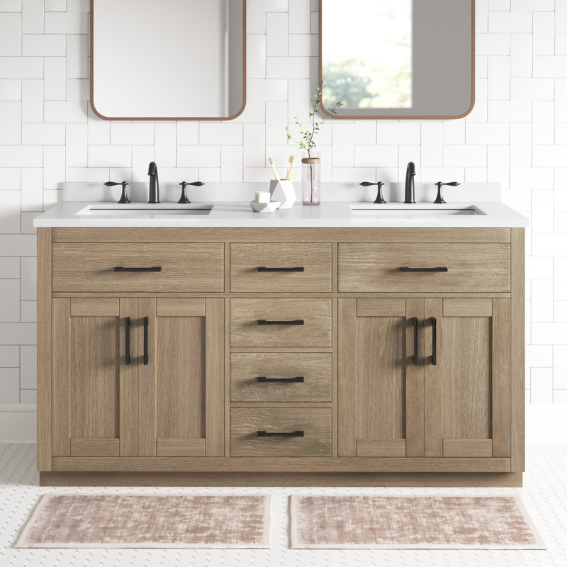 OVE Decors Bailey 60" Double Bathroom Vanity with Premium Countertop, Driftwood Oak, Black, 34.57'' H X 60'' W X 22.05'' D