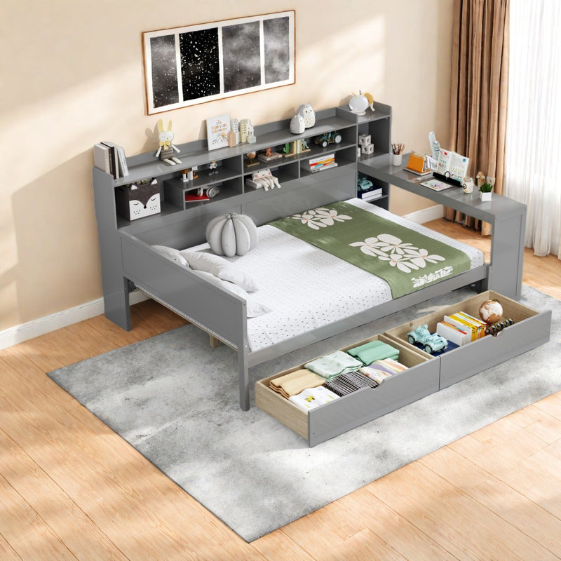 Lits multifonctionnels en bois gris avec rangement et bureau d'étude