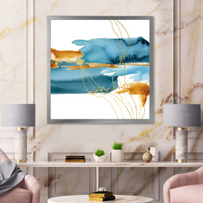 «Blue Underwater Plant with Golden Laminaria Branch», peinture sur toile à cadre flottant