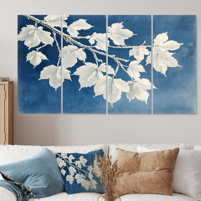 «White Frosted Leaves Brances II» - ensemble de décorations murales traditionnelles, 4, H 32 po x l 64 po