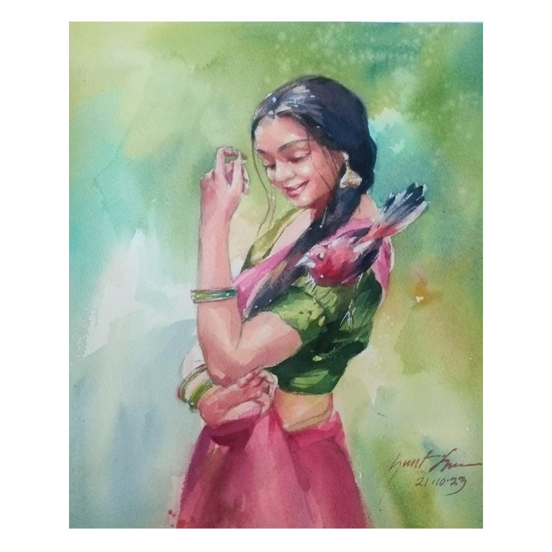 Femme posant avec un oiseau | Aquarelle sur papier | Par Sarat Shaw
