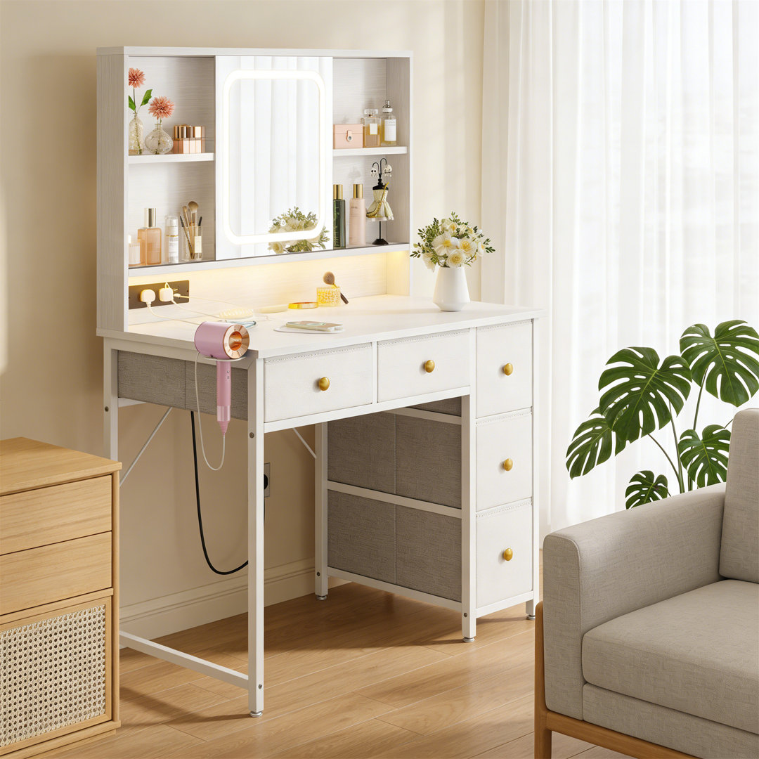 White Dressing Table With Adjustable LED Mirror, Built-In USB Outlets & RGB Light Strip, Vanity Desk With 5 Fabric Drawers & 3-Layer Shelves