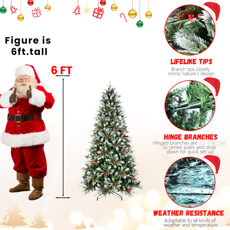 Arbre de Noël de 7 pi avec 2178 pointes, baies rouges saisissantes, pin de style naturel, branches peintes en neige tacheté, installation à charnières sans effort, piliers en métal stables pour les décorations