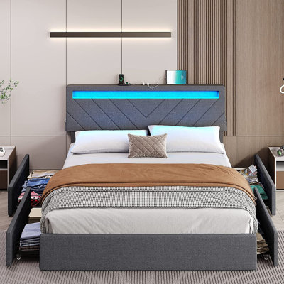 Bed Frame With 4 Drawers, Led Lights Adjustable Upholstered Headboard With 2 Usb Ports, Easy Assembly, No Box Spring Needed, Dark Grey -  Orren Ellis, B0A3AC06EC914DEABD1B57A5D8F48803