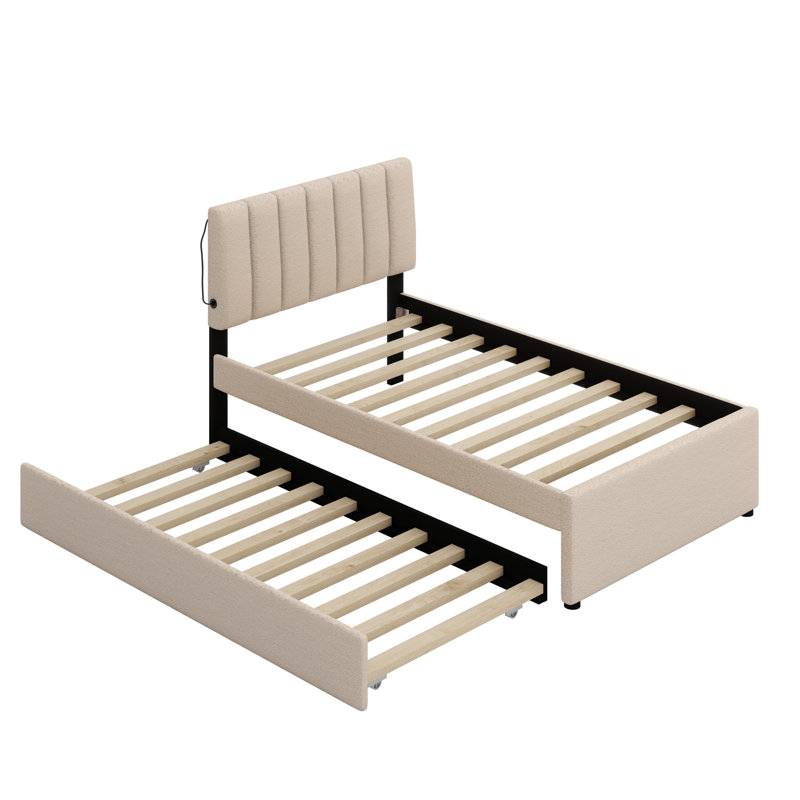 Upholstered Platform Bed With Trundle, Beige
