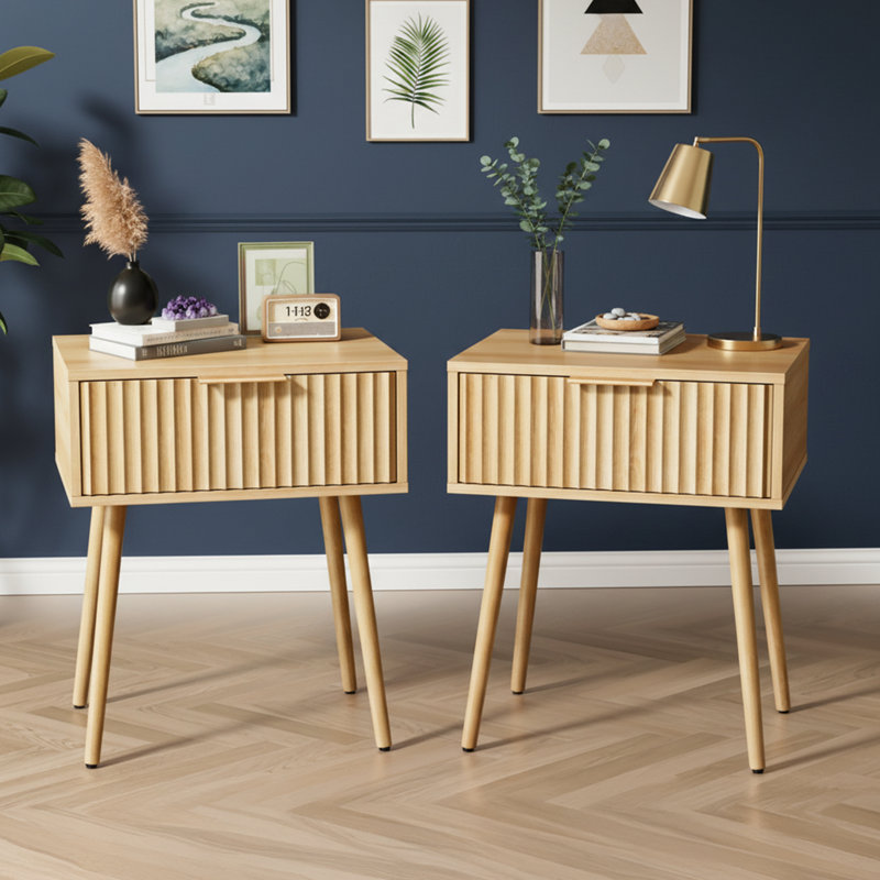 Table de chevet 18,9 po, panneau de particules et panneau de fibres à densité moyenne, mélamine et formage sous vide, 1 tiroir, pieds hauts (2 pièces)