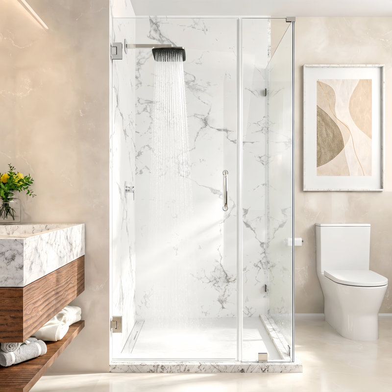 Cabine de douche d'angle à charnières murales sans cadre Nirvana 96,5 cm (L) x 86,4 cm (P) x 193 cm (H), verre clair facile à nettoyer de 10 mm d'épaisseur, fini chromé