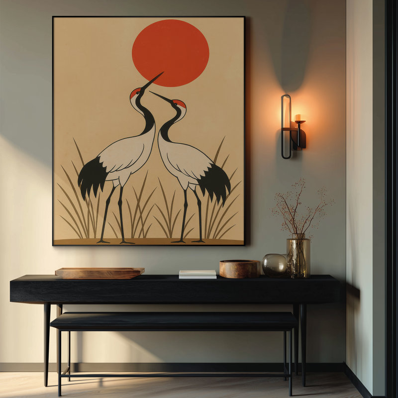 Très grande reproduction d'art sur tissu - Deux grues à couronne rouge sous le soleil rouge, décoration pour le salon ou la chambre à coucher - «Assemblage requis du cadre (cadre non fini)»