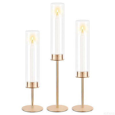 Set of 3 Gold Hurricane Candle Holders with Glass Sleeves - Tall Taper Candlestick Centerpiece for Wedding & Home Decor