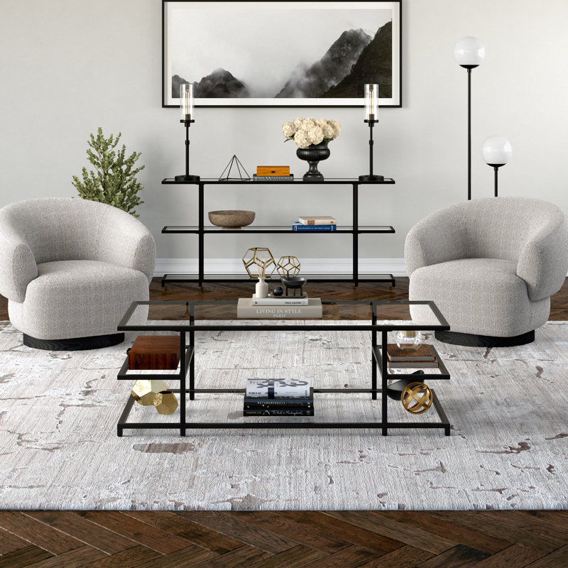 Greenwich 54" Glass And Steel Coffee Table With Three Shelves, Black