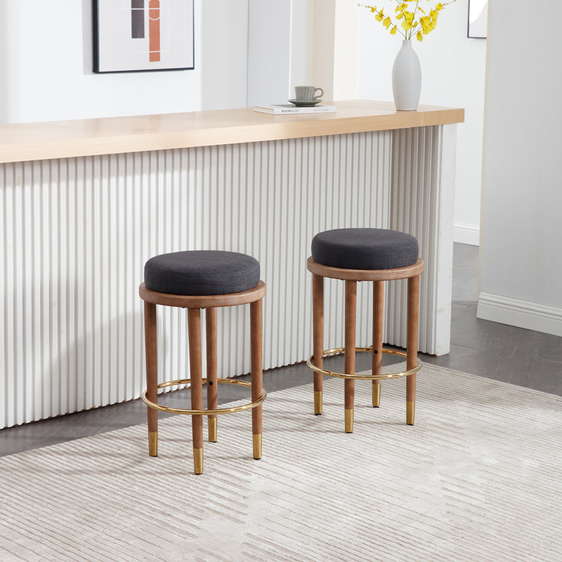 Upholstered Backless Bar Stool with Finished Footrest, Linen - Charcoal Seat/ Brown Frame