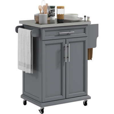 Kitchen Island On Wheels, Rolling Kitchen Cart With Stainless Steel Countertop, Drawer, Towel Rack And Spice Rack, Utility Storage Trolley, Gray -  Winston Porter, 3C20A523A7234C39B2FA02311BCC5710