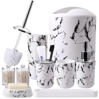 White Marble Bathroom Accessories Set, White Bathroom Set With Trash Can, Vanity Tray, Soap Dispenser, Soap Dish, Toothbrush Holder, Toothbrush Cup, Toilet Brush And Qtip Holders For Bathroom