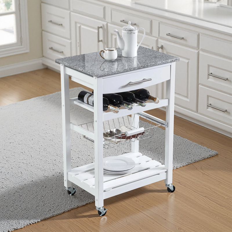 Mobile Indoor Kitchen Island Trolley Serving Cart with Stainless Steel Marble Top Underneath Drawer Slide-Out Wire Storage Basket Wine Rack Lockable Casters