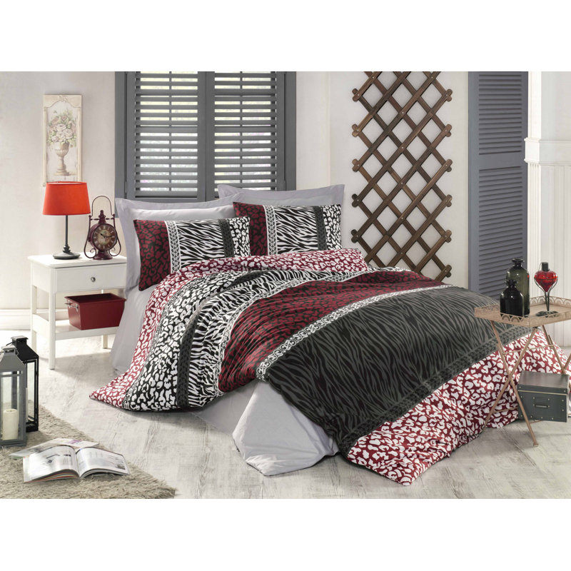Luxueux ensemble de housse de couette double 100% coton Ranforce, 79 x 79 | Comprend 2 taies d'oreiller 19,7 x 31,5 | Lavable à la machine, 140 fils, fermeture à boutons | Design élégant rouge, blanc et noir pour les chambres à coucher modernes