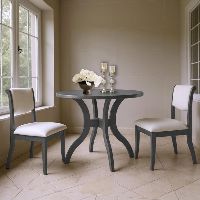 Ensemble de table de salle à manger chêne gris: table ronde de 39,4 po + 2 chaises - ensemble de cuisine traditionnel en bois massif avec plateau de table incrusté, pieds courbés élégants pour la salle à manger