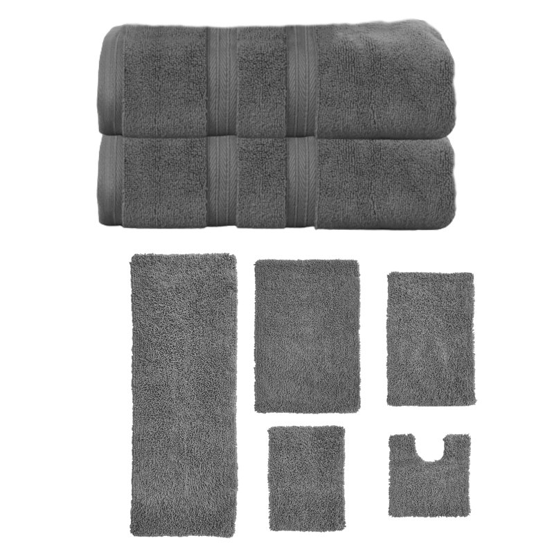 Bruno Collection 100% Soft Cotton 2 Pc Bath Towel Set & 5 Pc Bath Rug Set, (Set of 7), Dark Gray
