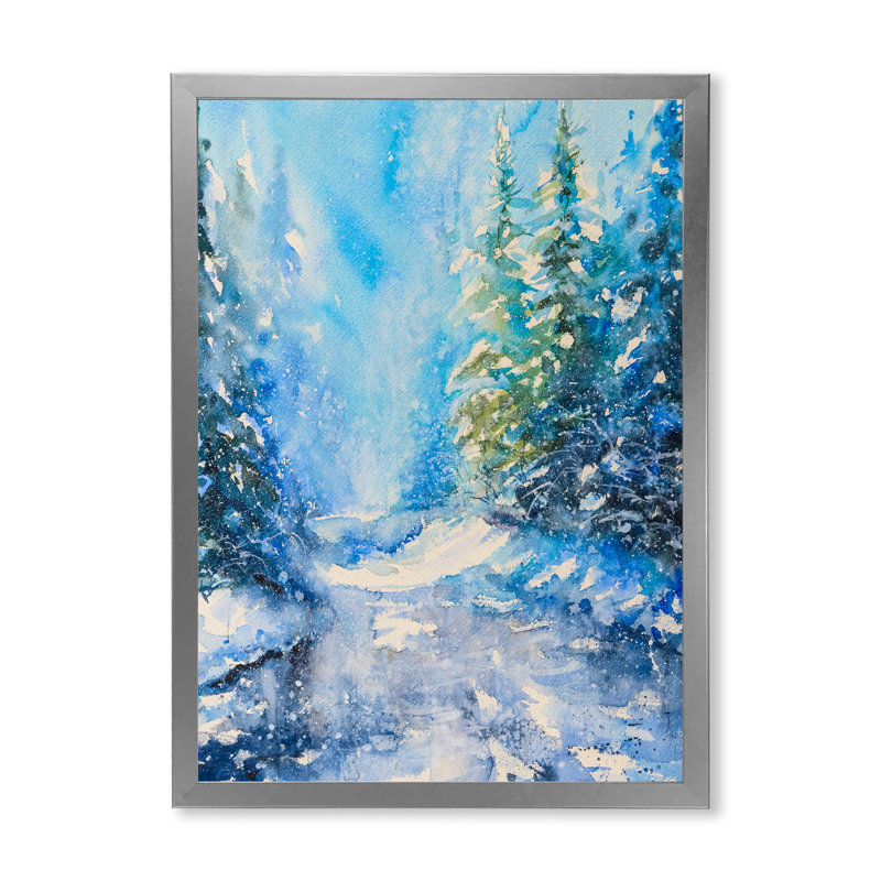 Winter Forest Path - Décoration murale traditionnelle sur toile, H 32 po x l 16 po x P 1 po, Toile avec cadre photo argenté