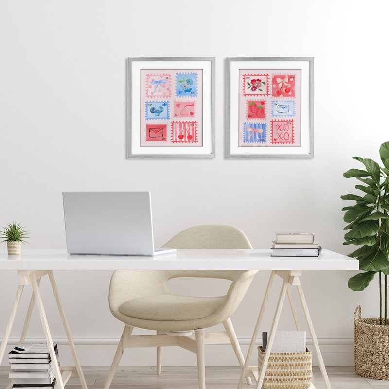 Adorable timbres bleu et rose, ensemble de 2 reproductions encadrées sous verre, design par Nina Jacobs, H 16 po x l 13 po
