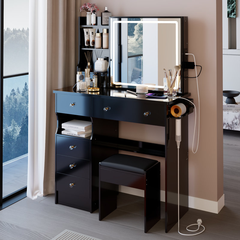 Ensemble de coiffeuse 37 "avec miroir coulissant à DEL, prise de courant et tabouret rembourré, Noir
