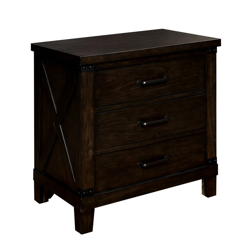 Table de chevet en bois massif noyer foncé avec 3 tiroirs et poignées noires