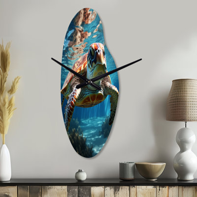 Terkelson Turtle Aquatic Wandererin Ocean - Turtle Asymmetrical Metal Wall Clock, Modern Curved Wall Clock Print