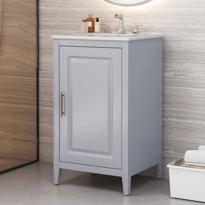 Meuble-lavabo compact 20,3 po avec lavabo - porte, tiroir et tablette à fermeture en douceur - bois d'acacia et céramique