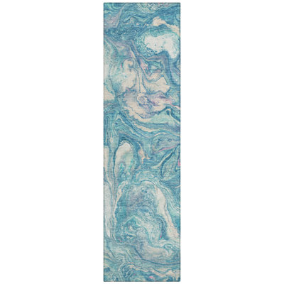Machine Washable Indoor/Outdoor Xhevrie Teal Rug