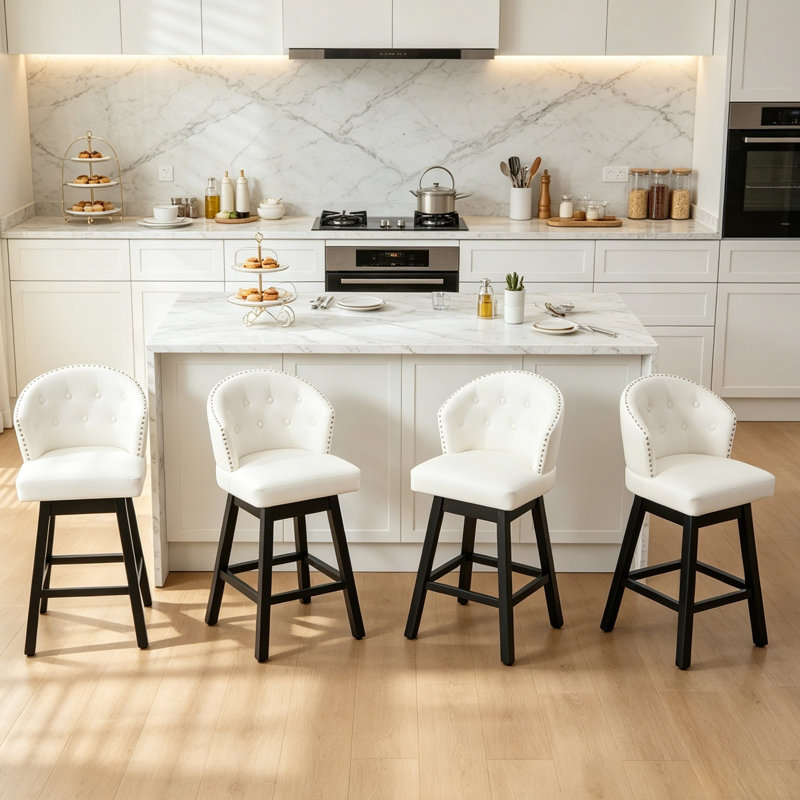 Aadhvika Upholstered BarStools with Solid Wood Frame, Counter Stool (26" Seat Height), White/Faux Leather