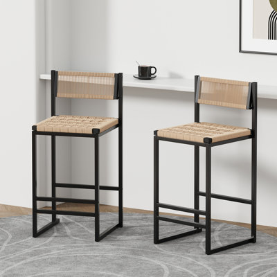 Kitchen Bar Stools With Footrest Set Of 2 Paper Rope Weave Dining Chairs Counter Height Barstool