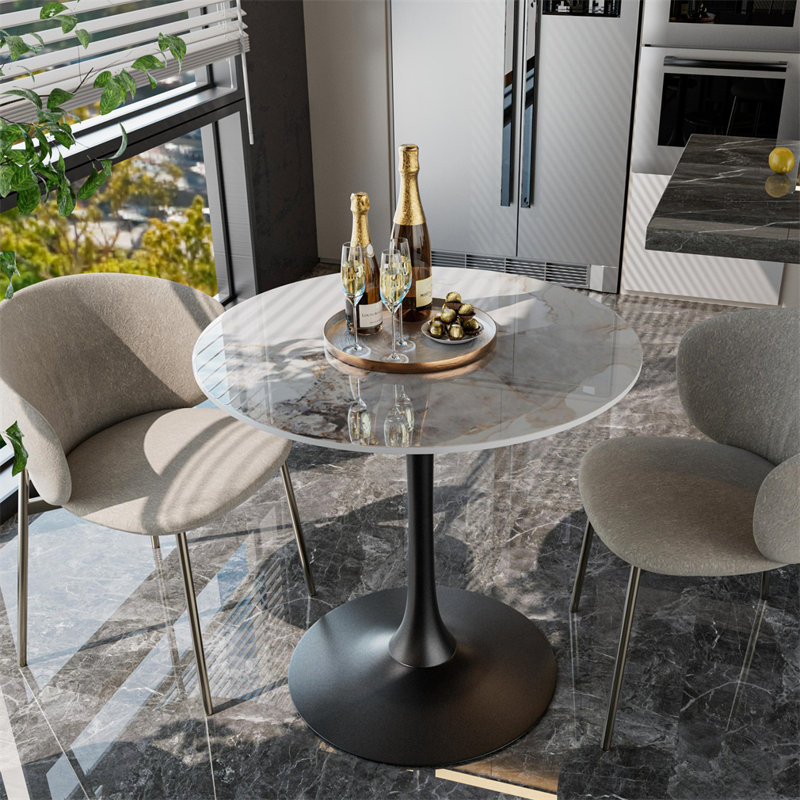 Table bistro de cuisine ronde avec plateau en pierre frittée, H 30,9 po x l 30,9 po x P 33,66 po, Blanc / émeraude, Noir