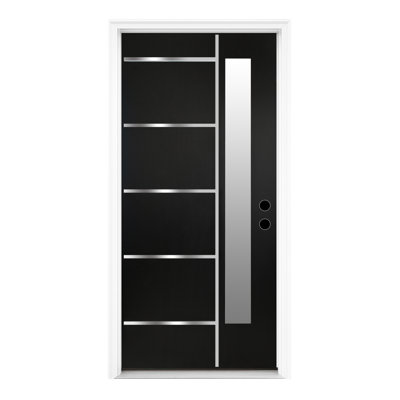 Portes extérieures durables en fibre de verre, finition noire moderne avec verre givré pour entrée de maison