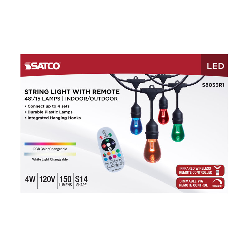 48 Foot LED String Light 15-S14 Lamps Medium Base RGBTW Infrared Remote Black 120V