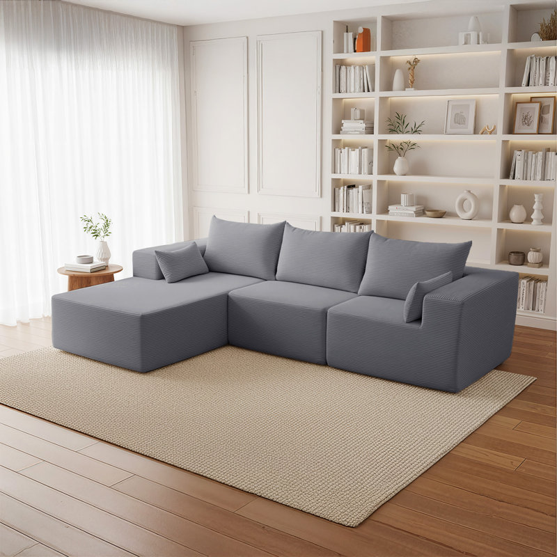 Canapé modulaire et combinable en L 105,5 po Corduroy, Mélange de polyester gris