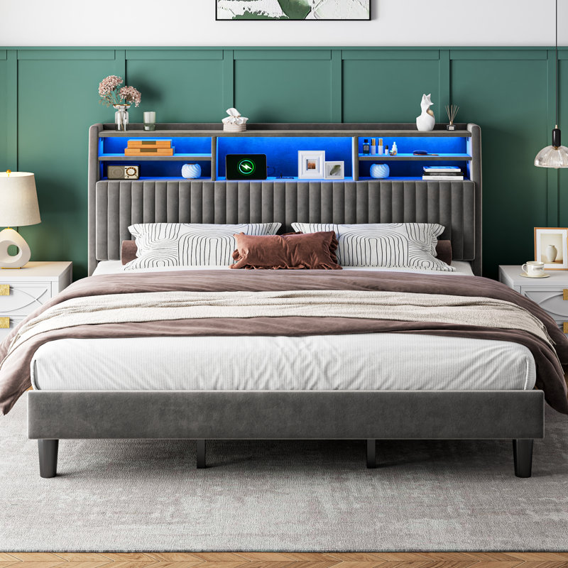 Upholstered Platform Bed With Storage Headboard, Led Lights & Charging Station, Gray, King