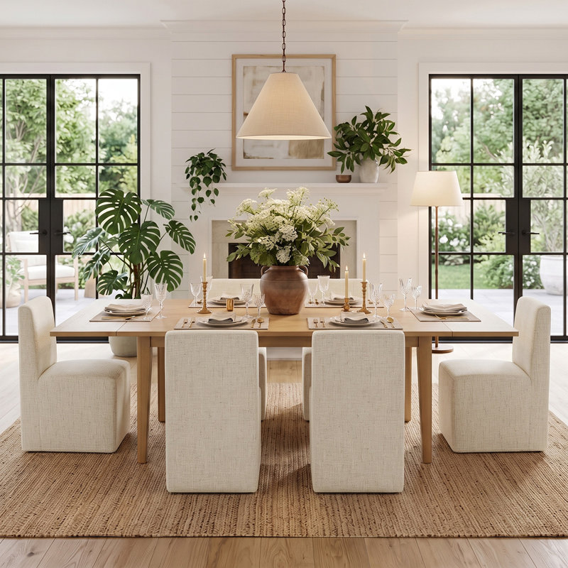 Ensemble de salle à manger extensible en placage de bois véritable de 72 à 104 pouces avec chaises rembourrées, Beige