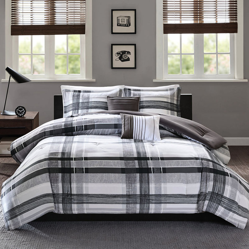 Édredon double / grand à carreaux - Literie élégante pour la chambre à coucher en noir et gris, édredon, 2 taies décoratives, couette lavable et facile à nettoyer