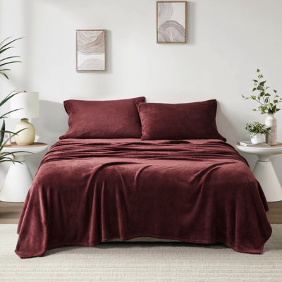 Très grand drap, 4 pièces bourgogne, 100% confortable et brossé des deux côtés, livré avec un drap plat, 2 taies d'oreiller ajustées, pour matelas de 16 po, bourgogne, velours douillet et confortable